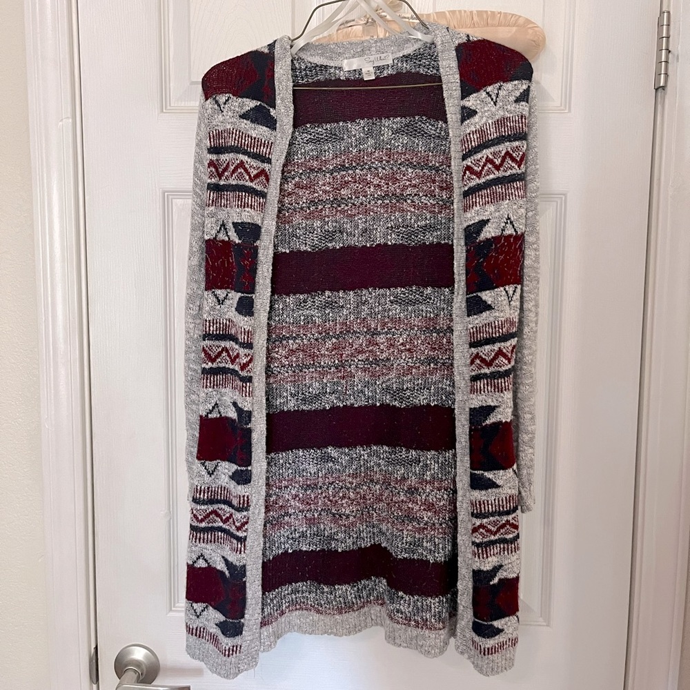 Say What? M long sweater cardigan Aztec tribal print
